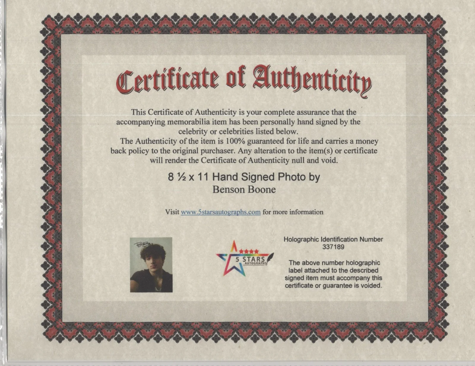 BENSON BOONE AUTOGRAPHED 8 1/2 X 11 COLOR PHOTO / COA, изображение 2