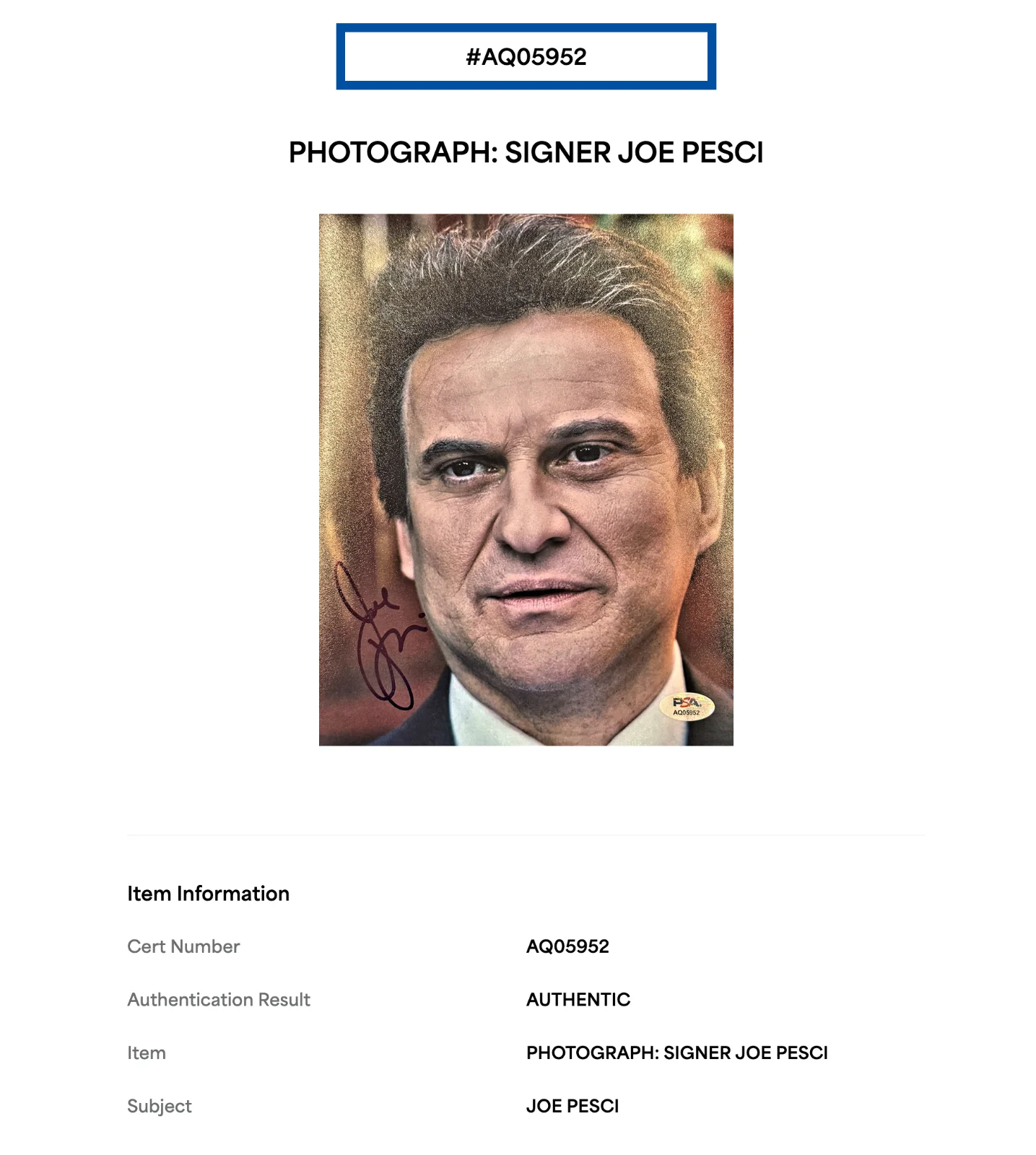 Joe Pesci — Joe Pesci Signed PSA/DNA COA Autographed 8X10 Goodfellas Tommy Devito Photo Auto, изображение 2