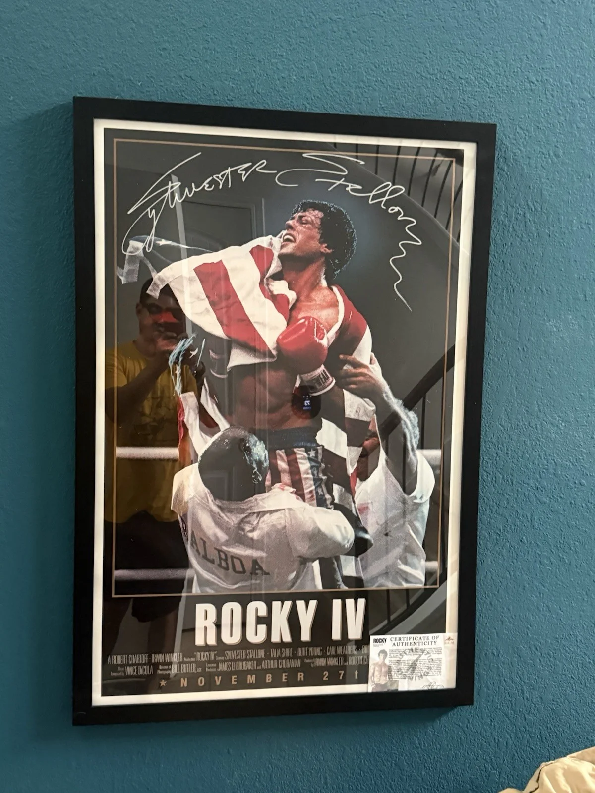Sylvester Stallone — ROCKY IV 4 MOVIE POSTER SIGNED SYLVESTER STALLONE COA *PLEXIGLASS FRAMED*