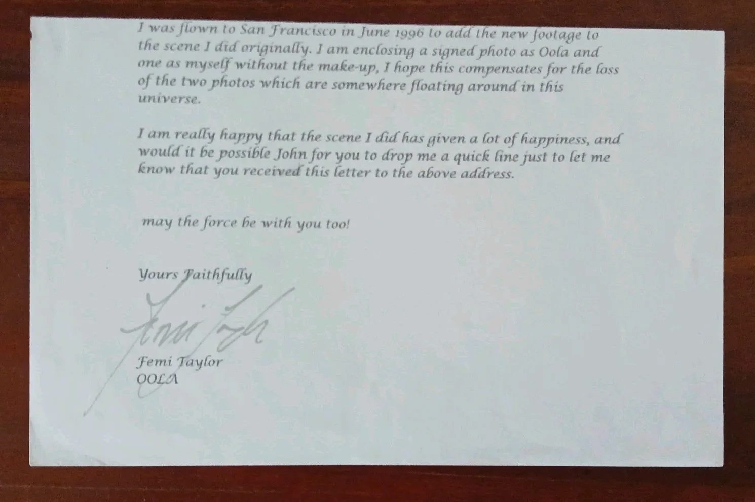 femi taylor — femi taylor signed hand typed note mentions filiming scenes return of the jedi