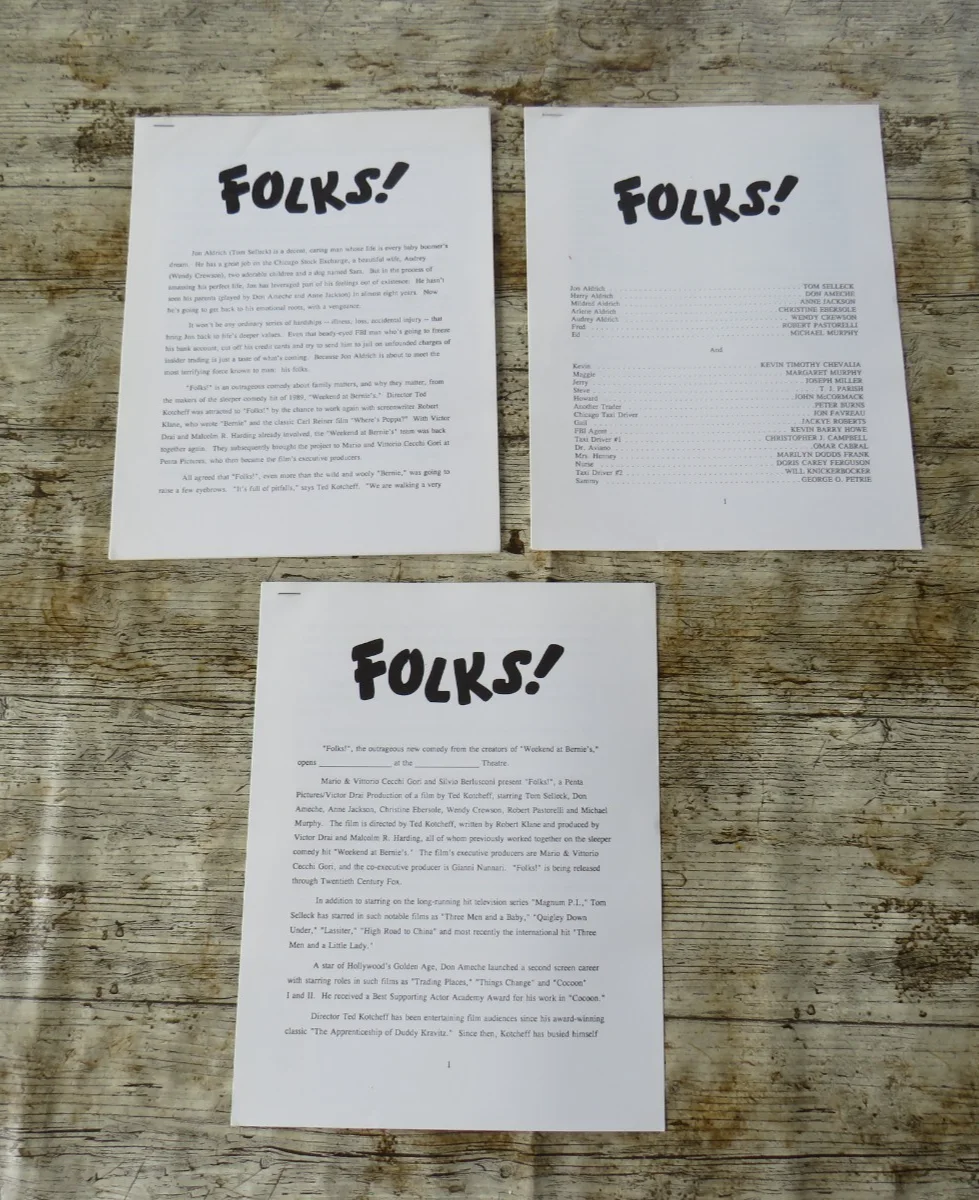 FOLKS ! ORIGINAL 1992 CINEMA MOVIE PRESS KIT Tom Selleck 6 PHOTOS / PROD INFO, изображение 3