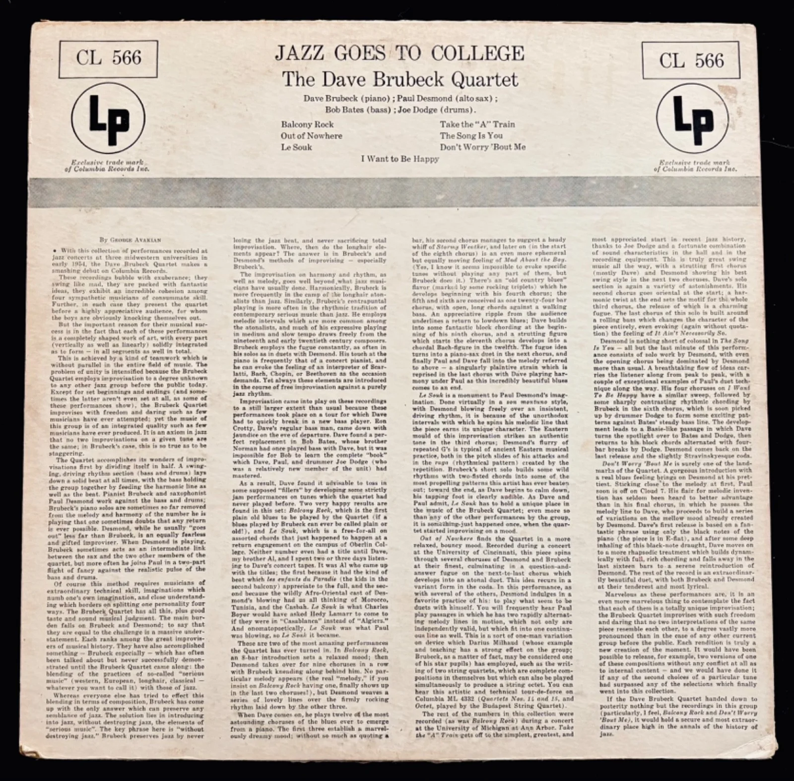 DAVE BRUBECK Signed JAZZ GOES TO COLLEGE Album Cover~COLUMBIA #CL 566, изображение 2