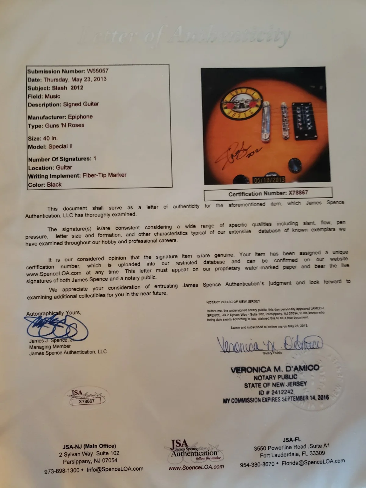 (JSA LOA) SIGNED “SLASH” OF GUNS N’ ROSES AUTOGRAPHED GUITAR, image 5