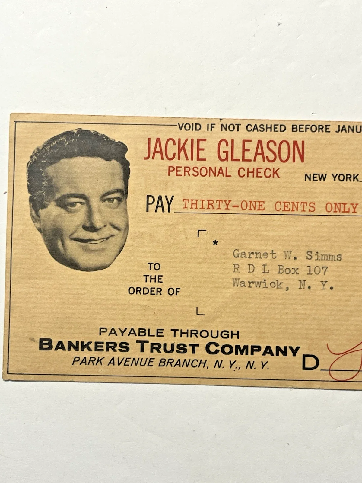 1958 Jackie Gleason Actor-Comedian Signed Personal Photo Check, image 3