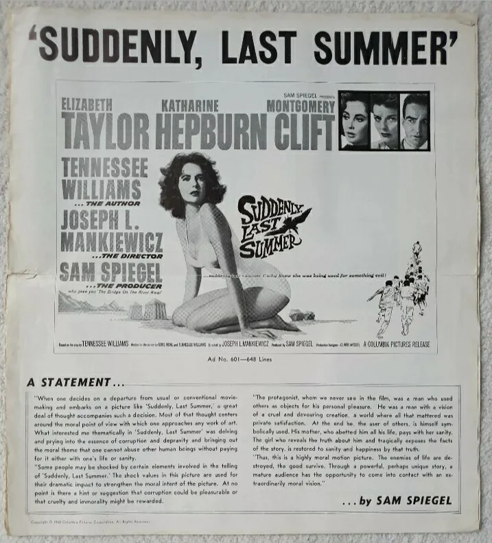 SUDDENLY LAST SUMMER VINTAGE 1960 US PRESSBOOK LIZ TAYLOR, HEPBURN, CLIFT - CUTS, изображение 2