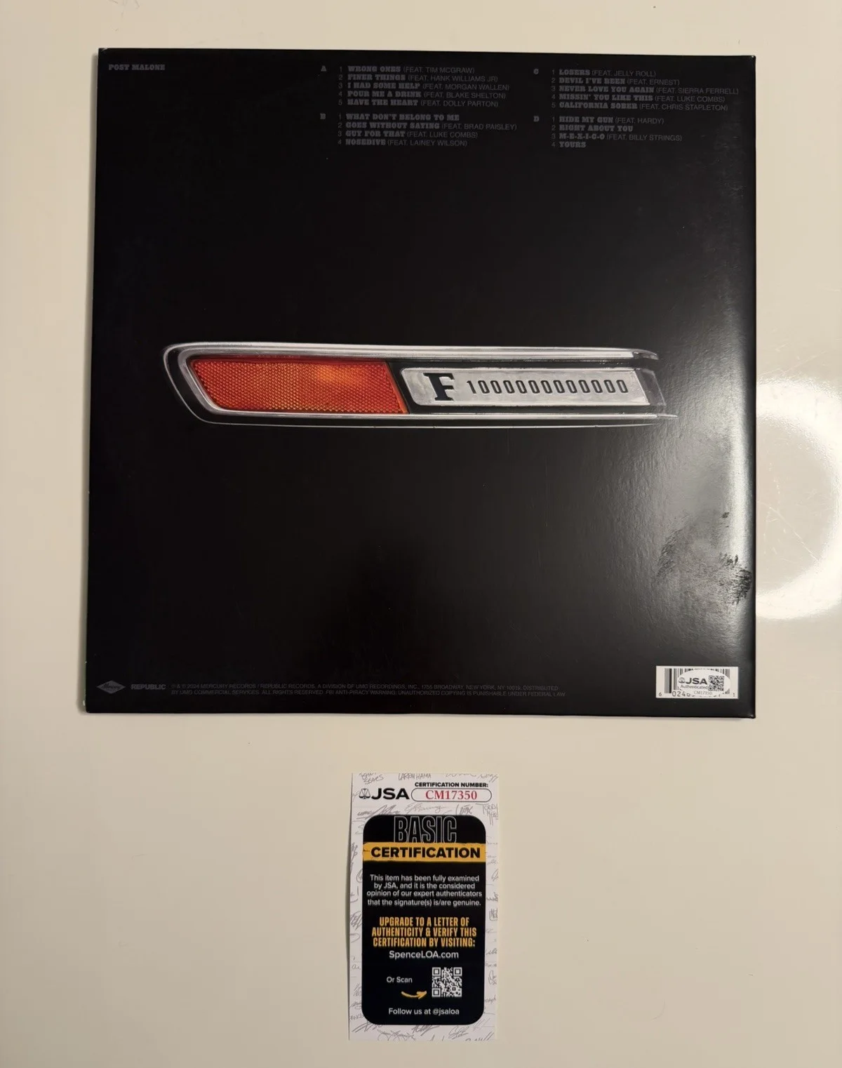 Post Malone Autographed F-1 Trillion Vinyl Record Country Star JSA COA, image 2