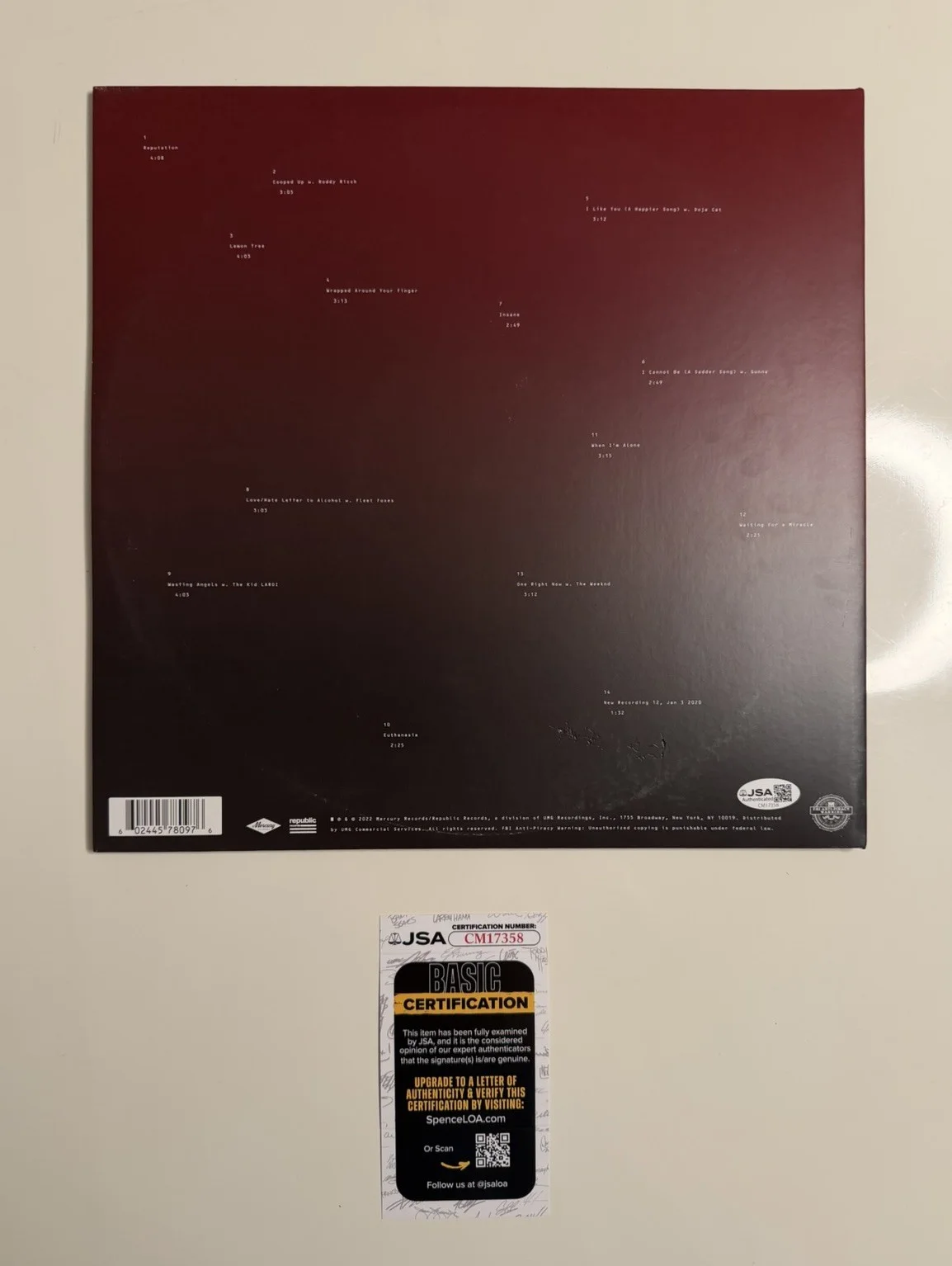 Post Malone Autographed Twelve Carat Toothache Vinyl Record Star JSA COA, изображение 2