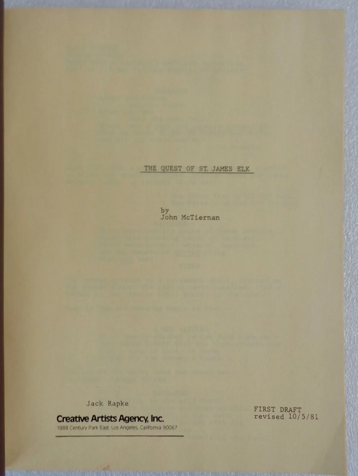 1981 MOVIE SCRIPT - The Quest of St.James Elk - Unmade Fantasy By John McTiernan, изображение 2