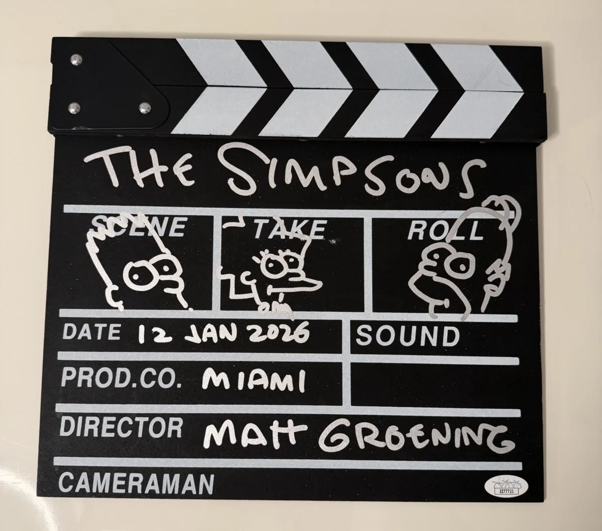 Matt Groening — Matt Groening Autographed Directors Clapboard The Simpsons Triple Sketch JSA COA, image 2