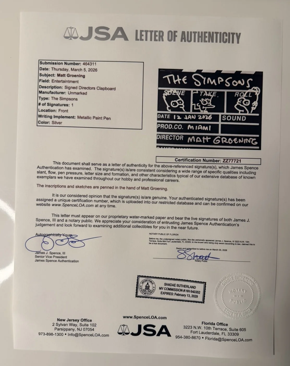 Matt Groening — Matt Groening Autographed Directors Clapboard The Simpsons Triple Sketch JSA COA, image 3