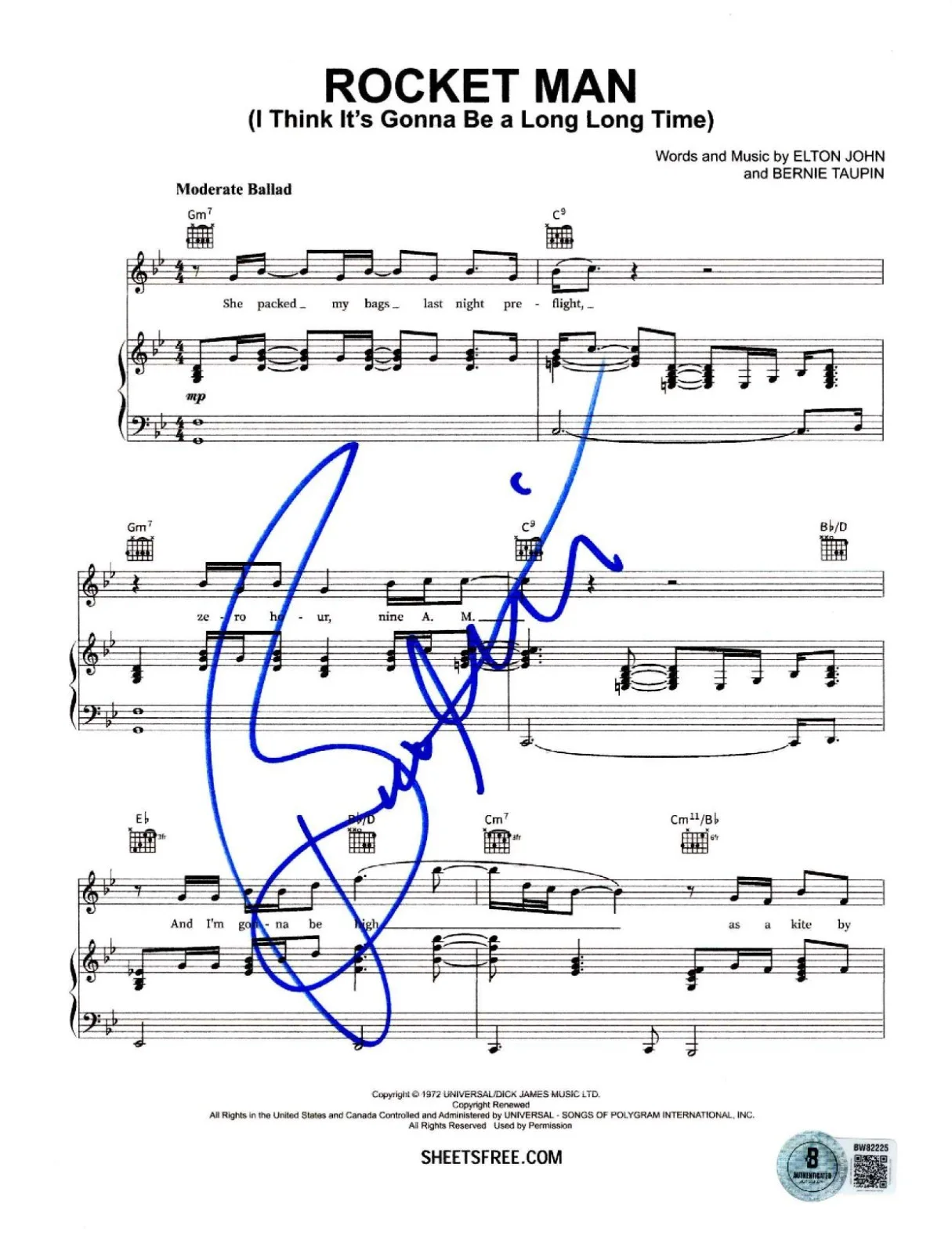 Bernie Taupin — Bernie Taupin ‘Rocket Man’ Songwriter Signed Sheet Music Elton John Beckett