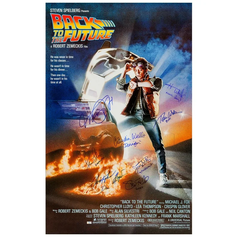 Michael J Fox, Christopher Lloyd & Cast — Michael J. Fox and Cast Autographed 1985 Back to the Future 27x39 Movie Poster
