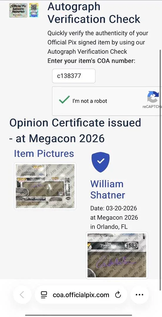 William Shatner — William Shatner Signed "Gremlin" Funko #1583 (Twilight Zone) - Official Pix COA, изображение 5