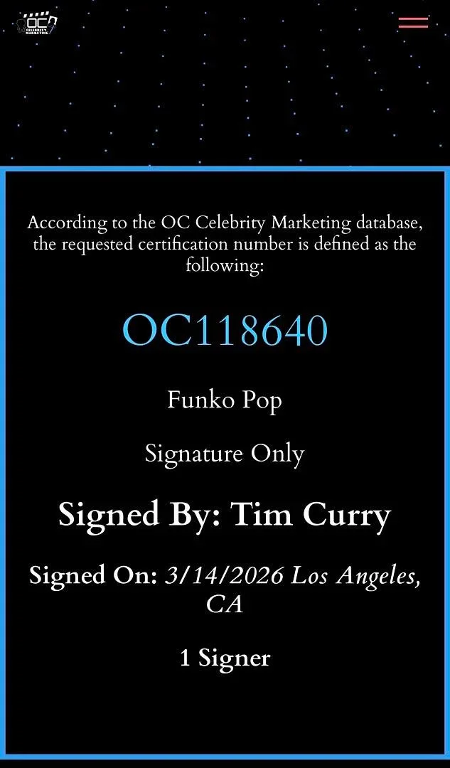 Tim Curry — Tim Curry Signed RARE Funko #1834 "Pennywise" (IT: The Movie)-OC Celebrity Mtkg, изображение 5