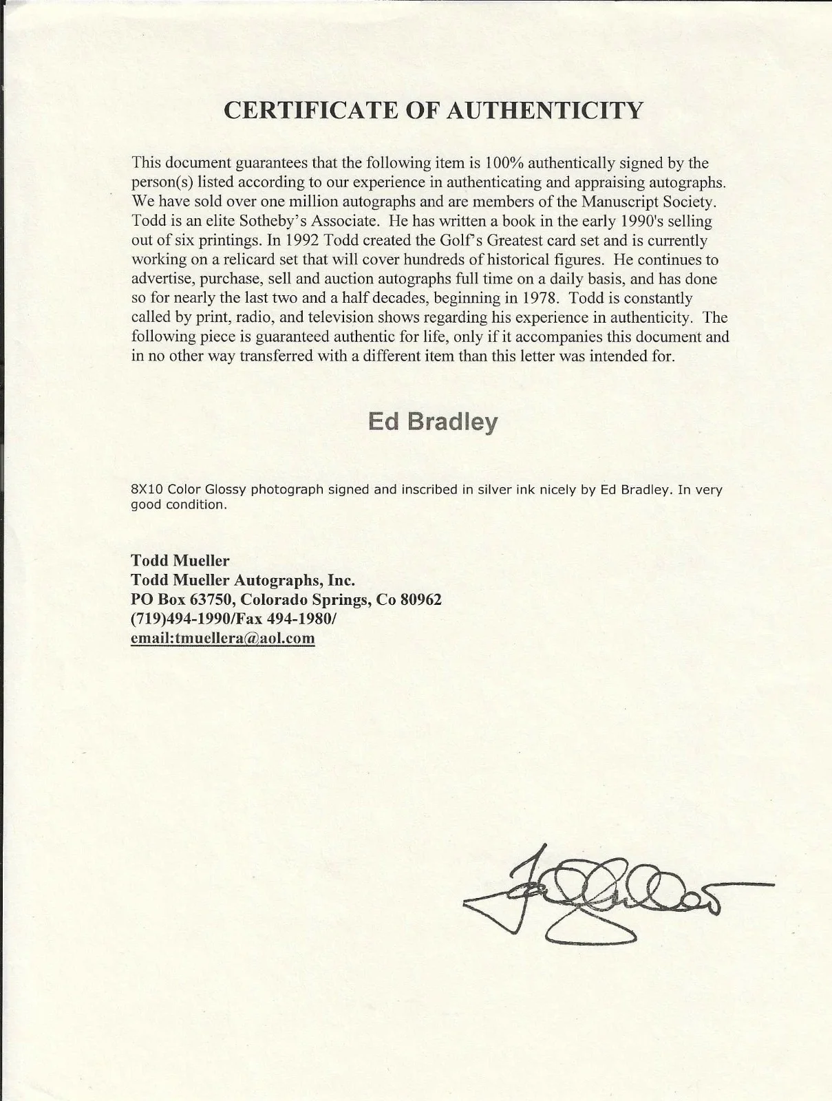 ED BRADLEY — ED BRADLEY - 60 MINUTES - HAND SIGNED PHOTO 8x10, image 3
