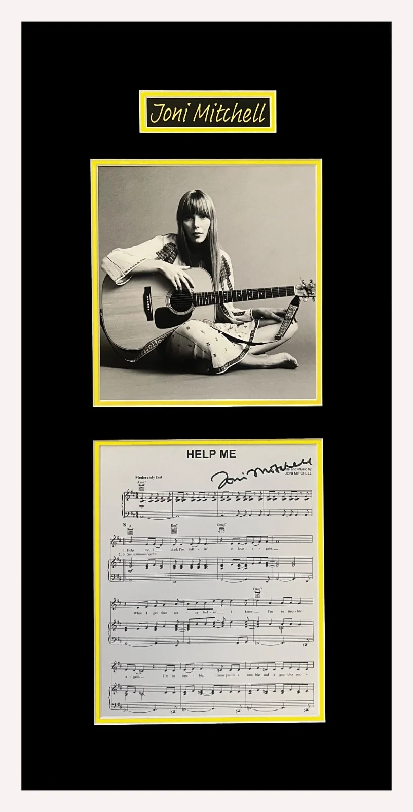 Joni Mitchell — Joni Mitchell Autographed Sheet Music Museum Framed Ready to Display