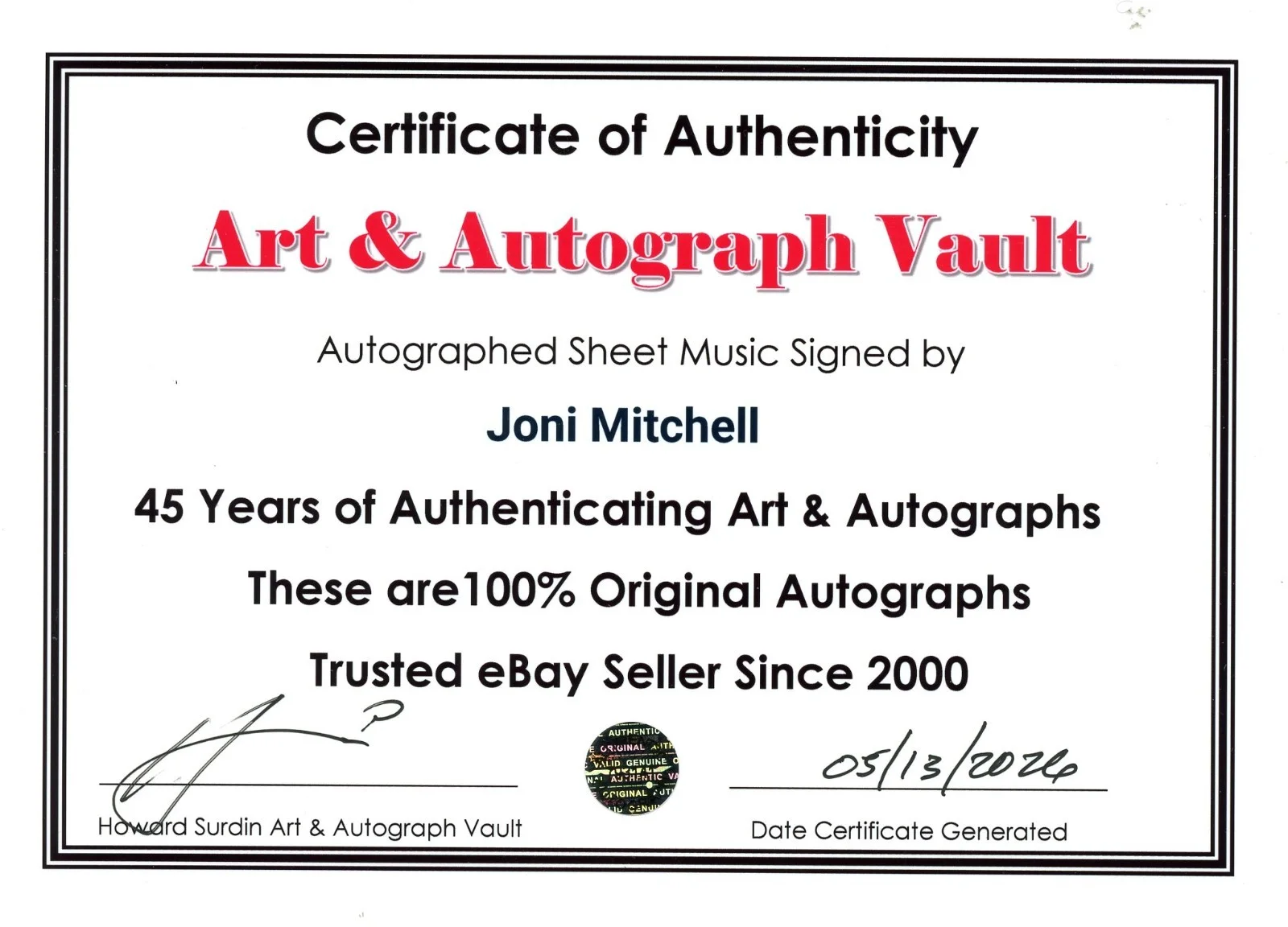 Joni Mitchell — Joni Mitchell Autographed Sheet Music Museum Framed Ready to Display, image 3