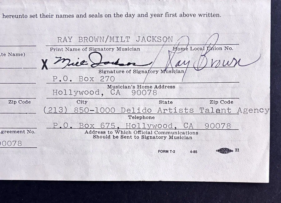 Milt Jackson Ray Brown Signed Contract 1986 Blackstone Hotel Chicago, image 2