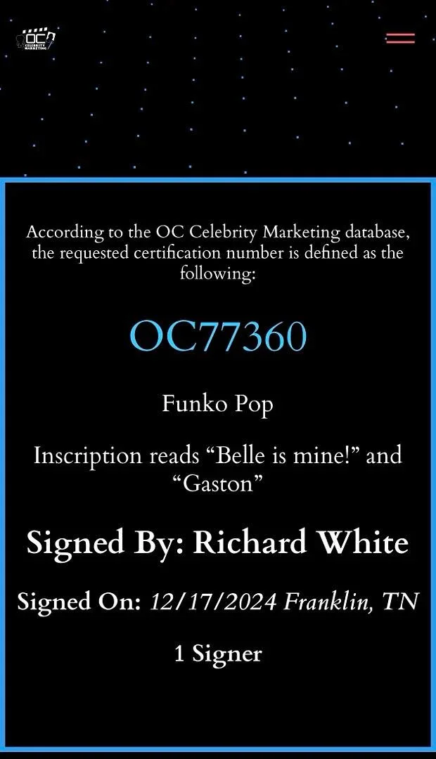 Richard White — Richard White signed "Gaston" Funko #1518 (Disney Villains)-OC Celebrity Mtkg, изображение 5