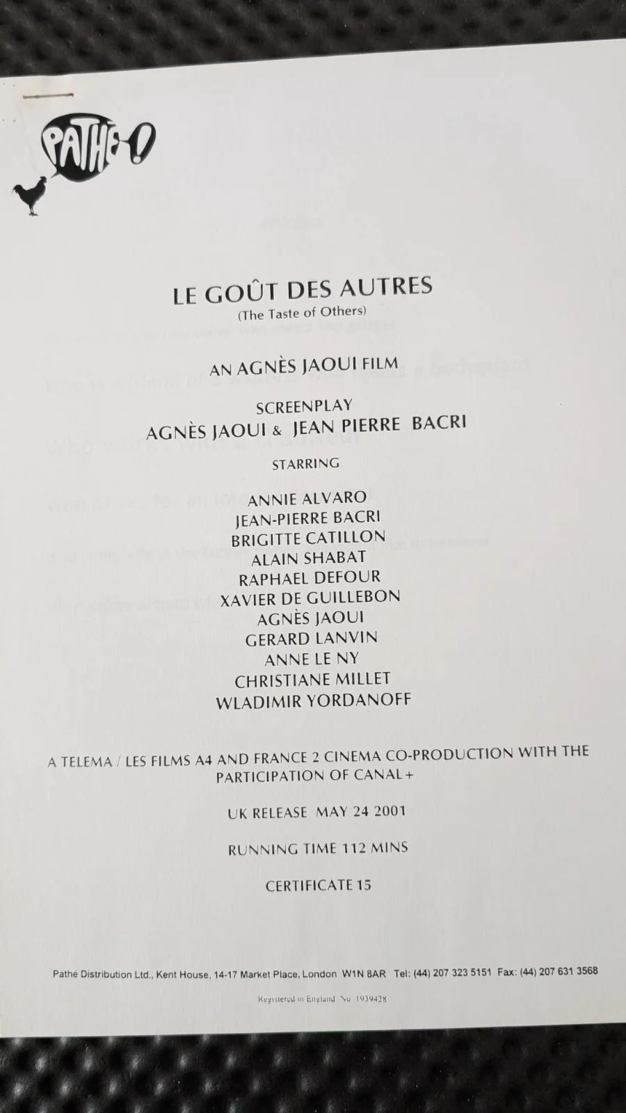Le Gout Des Autres, 2000, Agnes Jaoui, Bacri, UK press kit, 5 transparencies, изображение 3