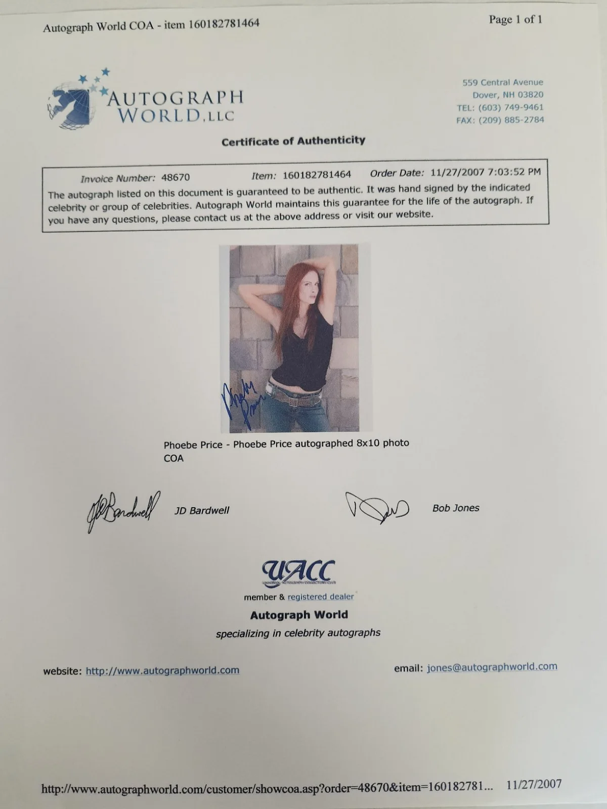 Phoebe Price Signed Autographed 8x10" Photograph AW COA Sexy Portrait, изображение 4