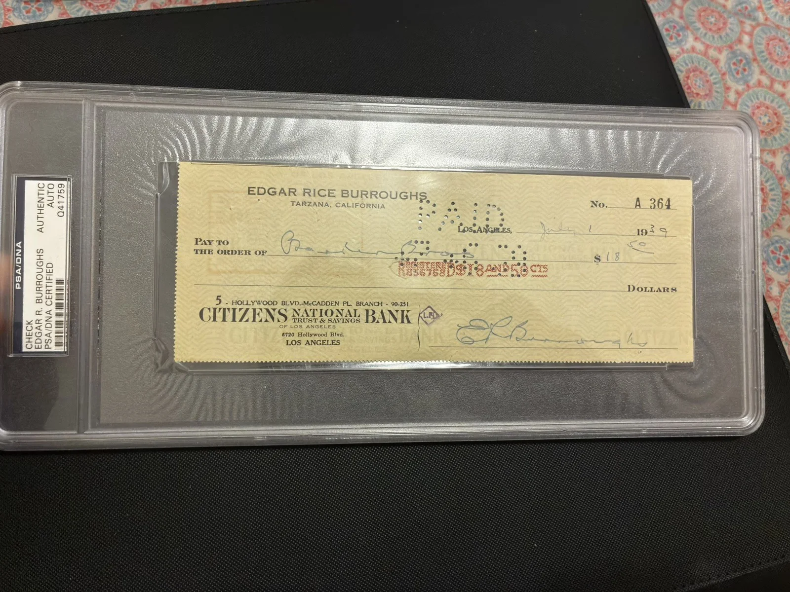 Edgar Rice Burroughs — Edgar Rice Burroughs Signed 1939 Personal Check: PSA DNA certified