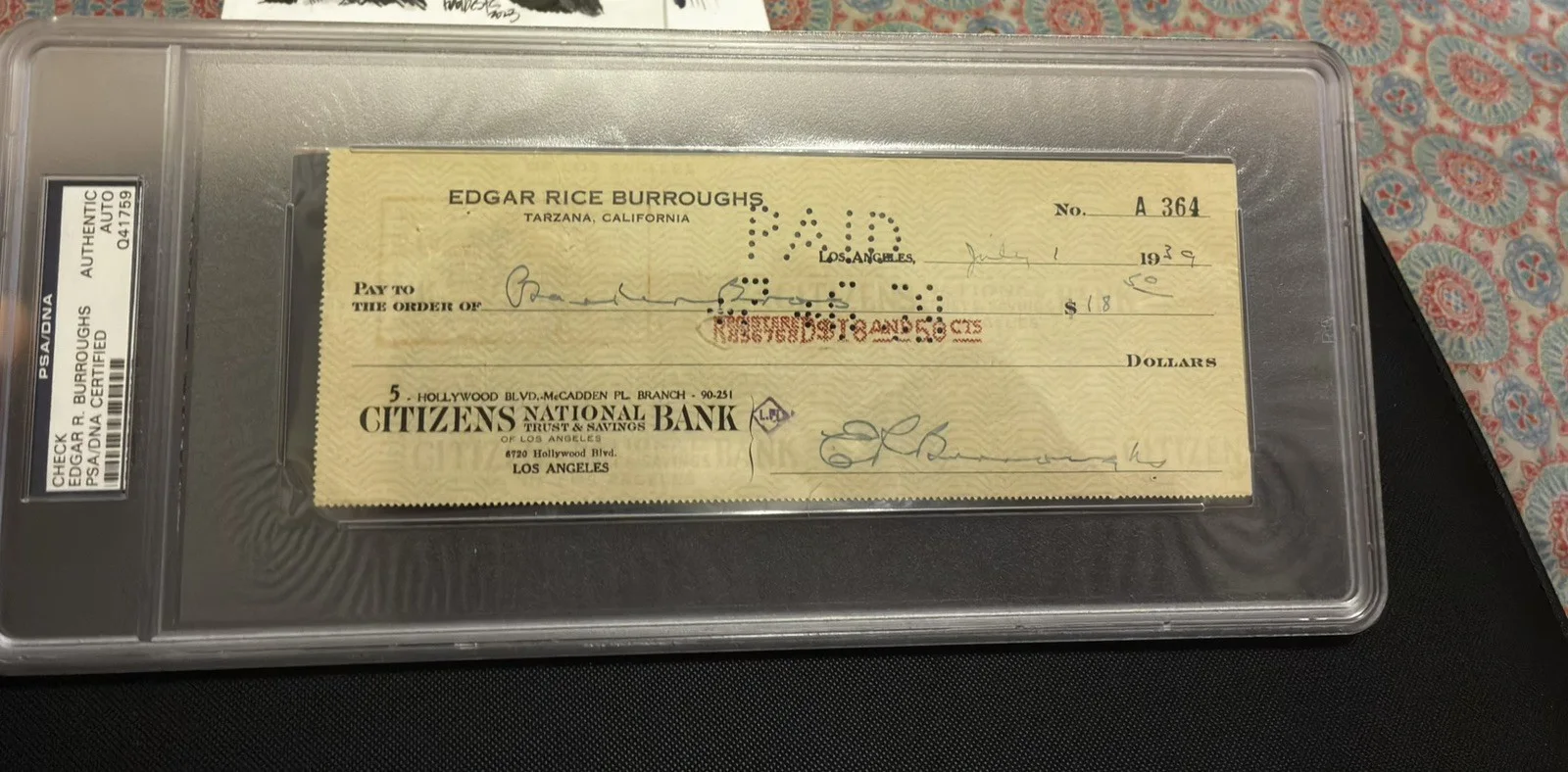 Edgar Rice Burroughs — Edgar Rice Burroughs Signed 1939 Personal Check: PSA DNA certified, image 3