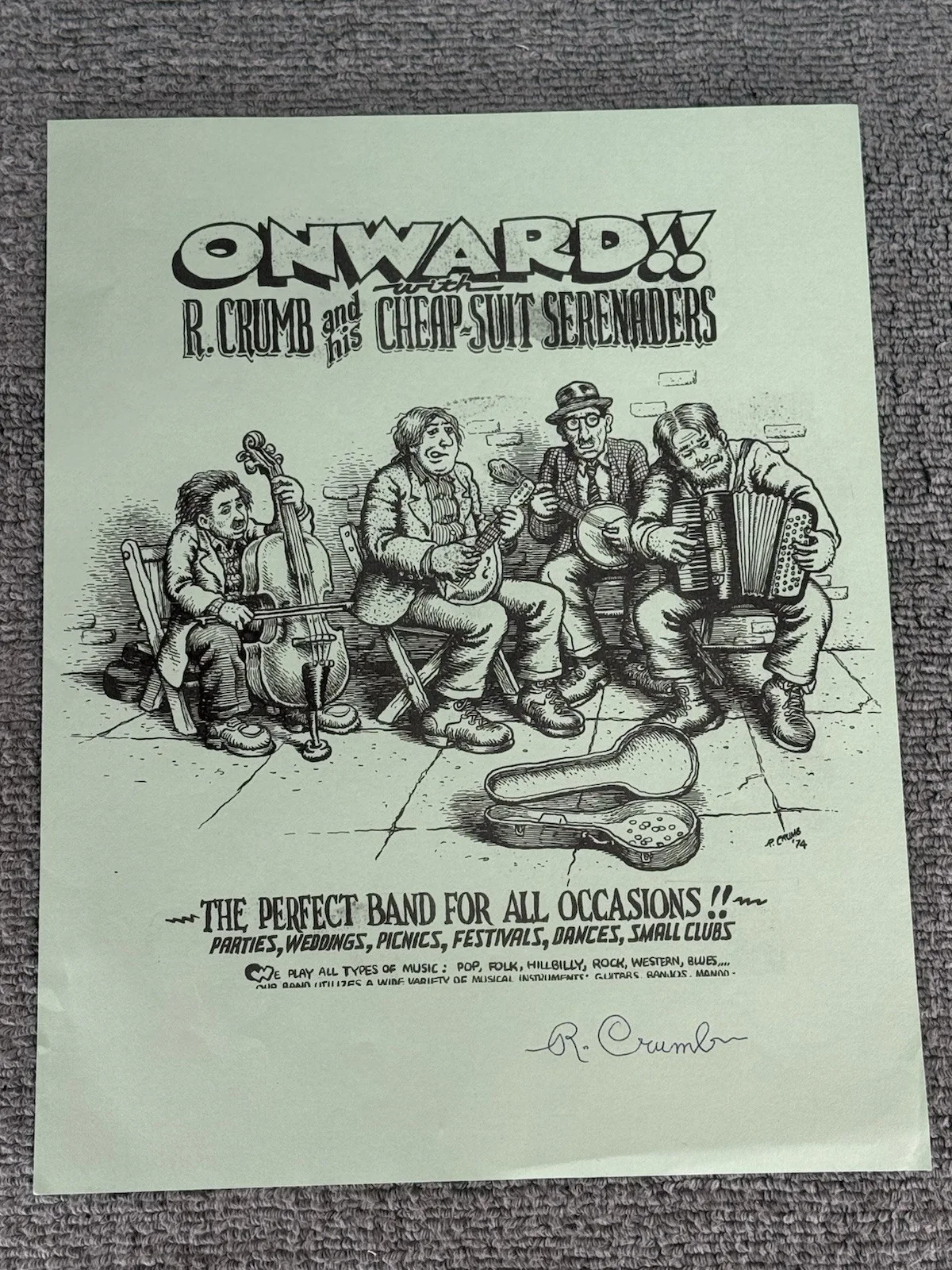 Terry Zwigoff Personally Owned Robert Crumb Cheap Suit Serenaders Signed Poster, image 2