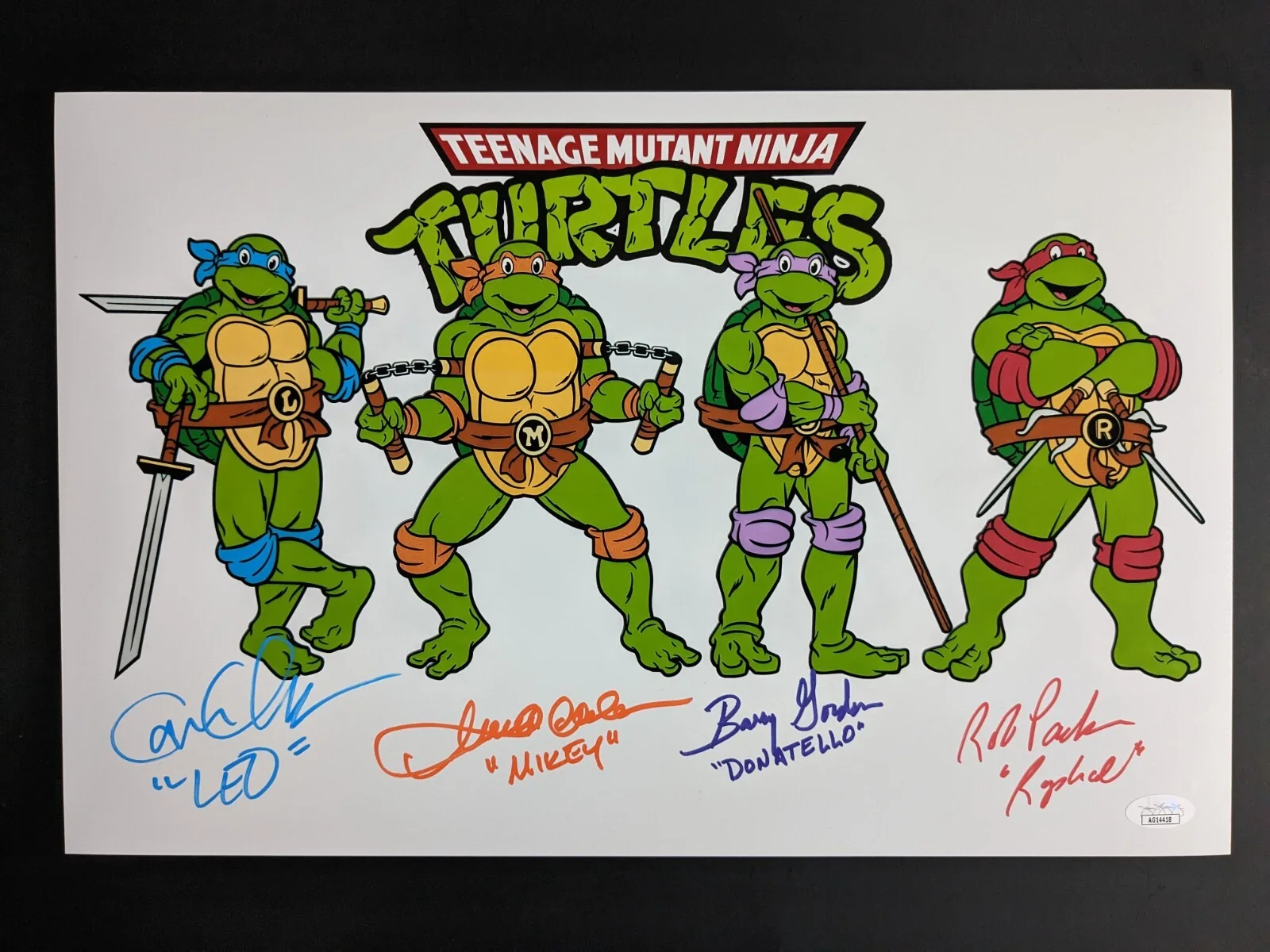 Rob Paulsen, Cam Clarke, Barry Gordon, Townsend Coleman — TMNT Original 4 Teenage Mutant Ninja Turtles Cast Signed 11x17 Photo JSA COA B