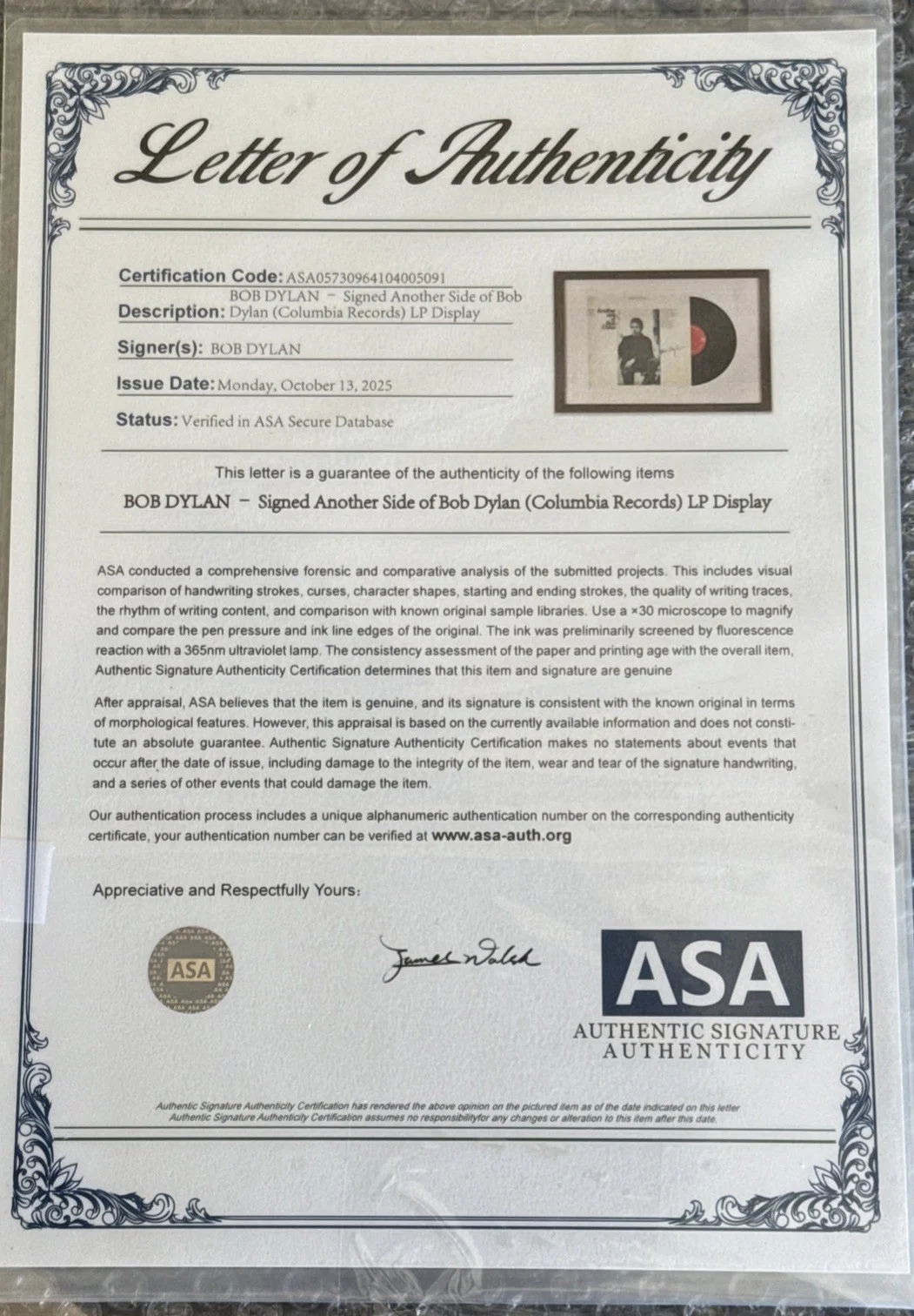 Autographed Framed Bob Dylan LP Display with COA Another Side Of Bob Dylan, image 4