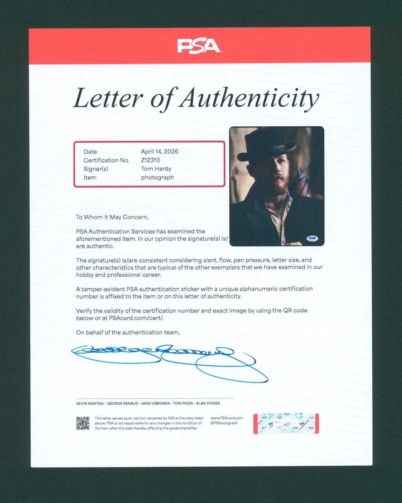 Tom Hardy — Tom Hardy Signed PSA/DNA LOA Autographed 8X10 Peaky Blinders Photo Auto PSA COA, image 3