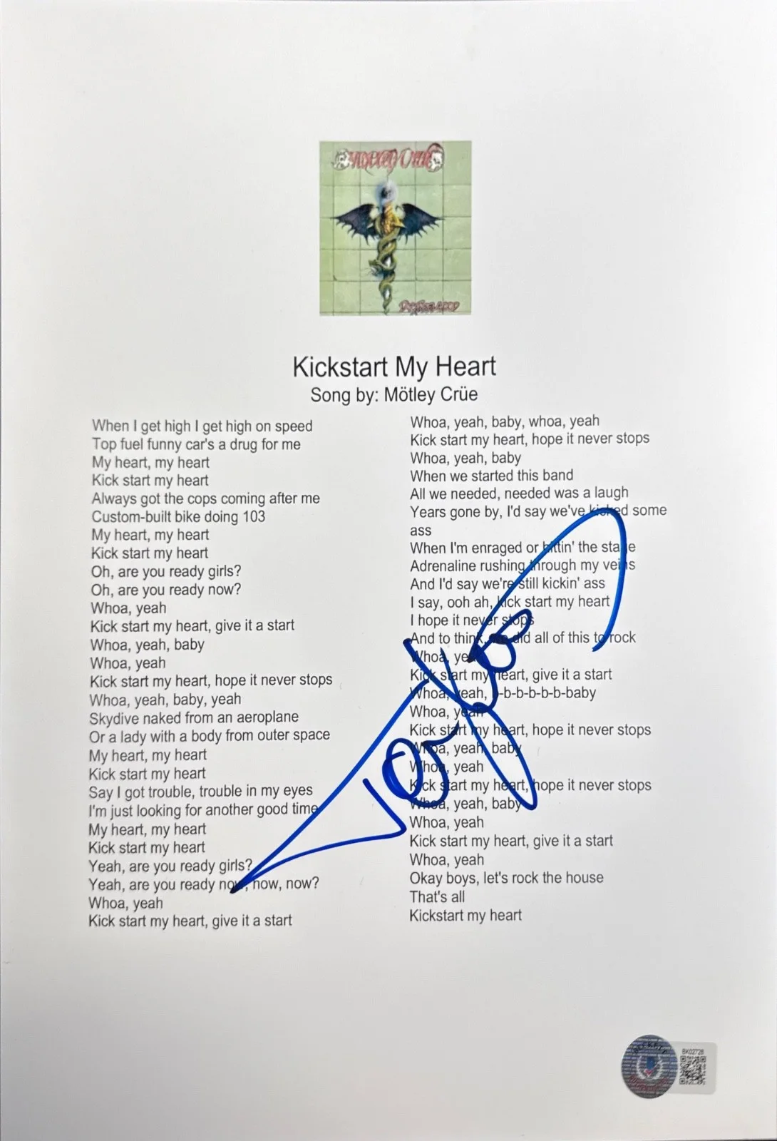 Tommy Lee — Tommy Lee Signed Motley Crue Kickstart My Heart 8.5 X 11 Movie Sheet BAS, изображение 2
