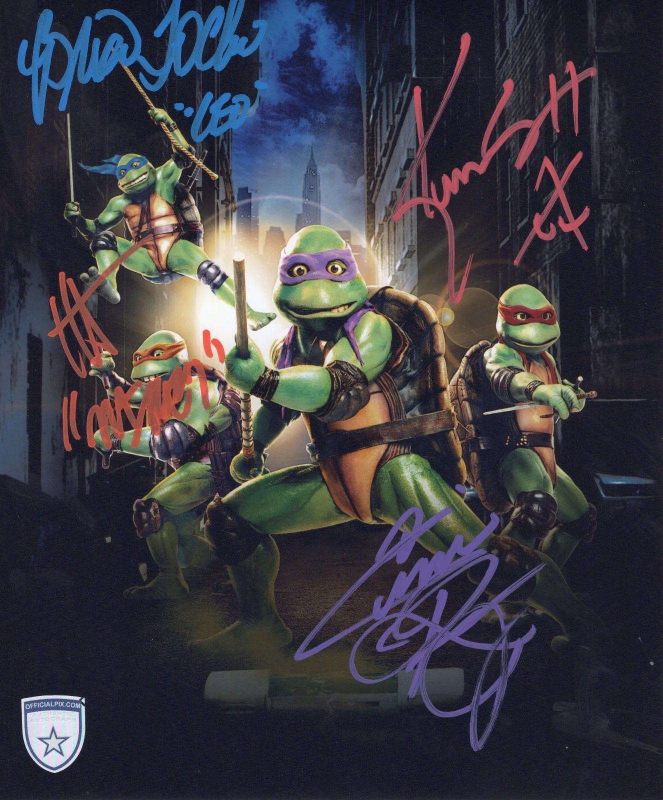 Brian Tochi, Ernie Reyes Jr., Ken Scott, Robbie Rist — Signed TMNT 8x10 Cast Photo Tochi, Reyes Jr., Scott, Rist Official Pix COA