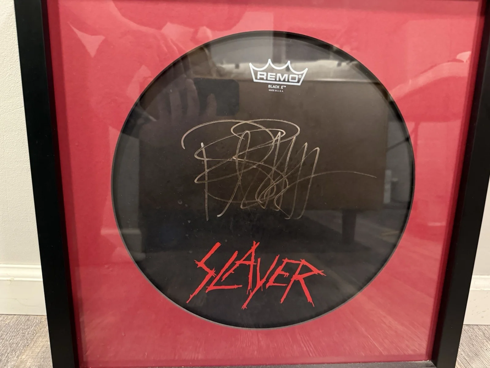 Slayer Paul Bostaph Signed Drum Head 14” With Red Felt Back On Black Frame, image 2