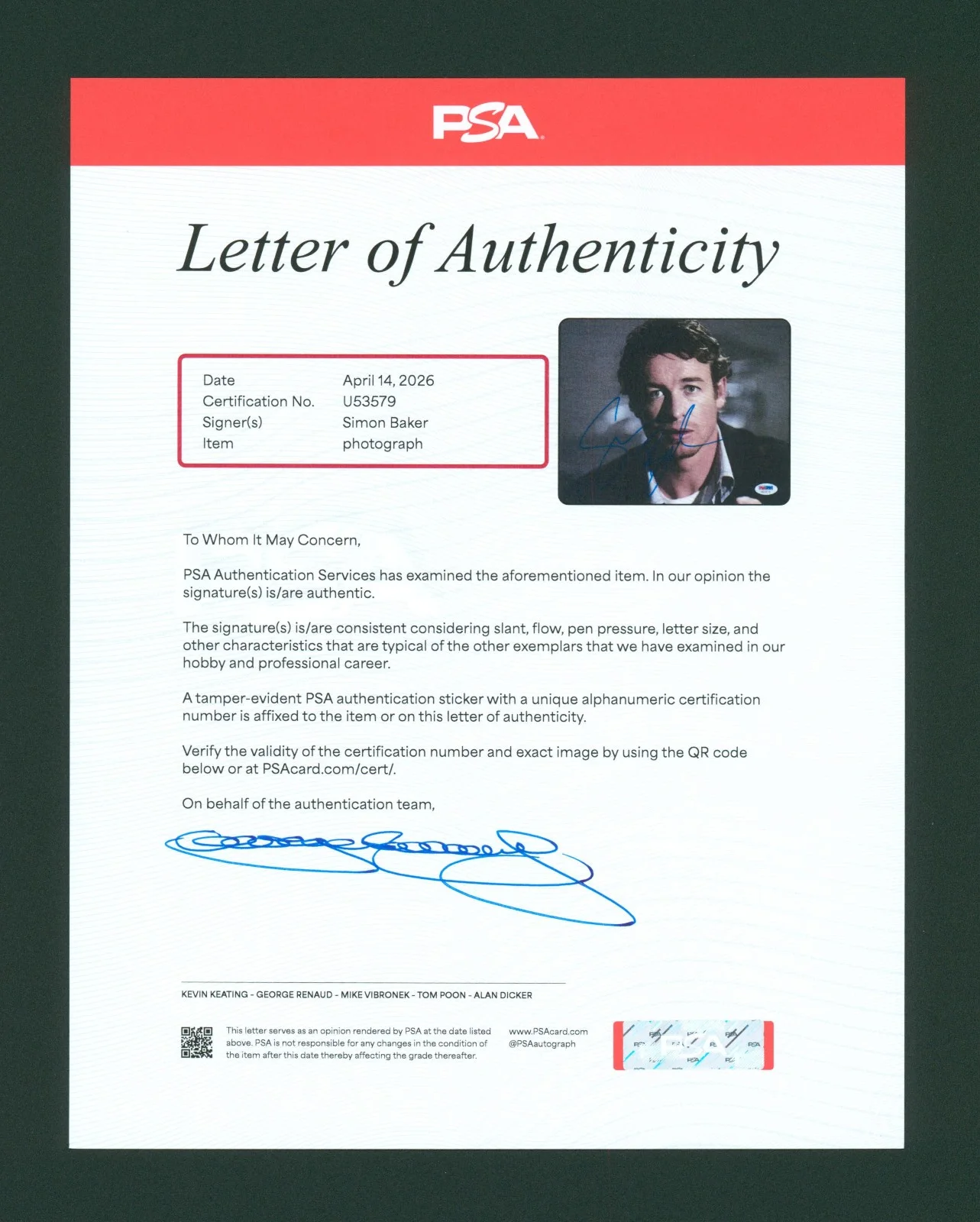 Simon Baker — Simon Baker Signed PSA/DNA LOA Autographed 8X10 Mentalist P. Jane Photo Auto COA, image 3