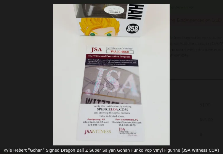 Kyle Hebert — Kyle Hebert signed Funko Pop! - Dragon Ball Z - Super Saiyan Gohan #858 w/COA, изображение 5