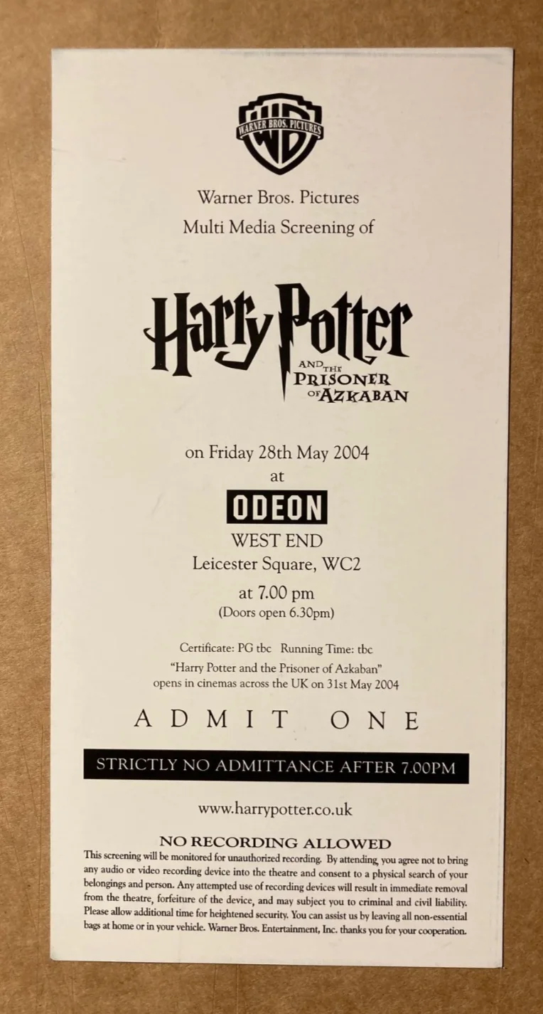 HARRY POTTER and The Prisoner of Azkaban PRESS TICKET CAv COA, image 3