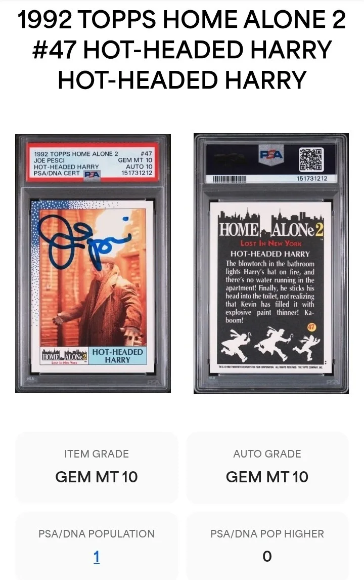 Joe Pesci — 1992 Joe Pesci Rookie Card Topps Home Alone 2 Set Card #47 PSA/DNA 10/10 Auto