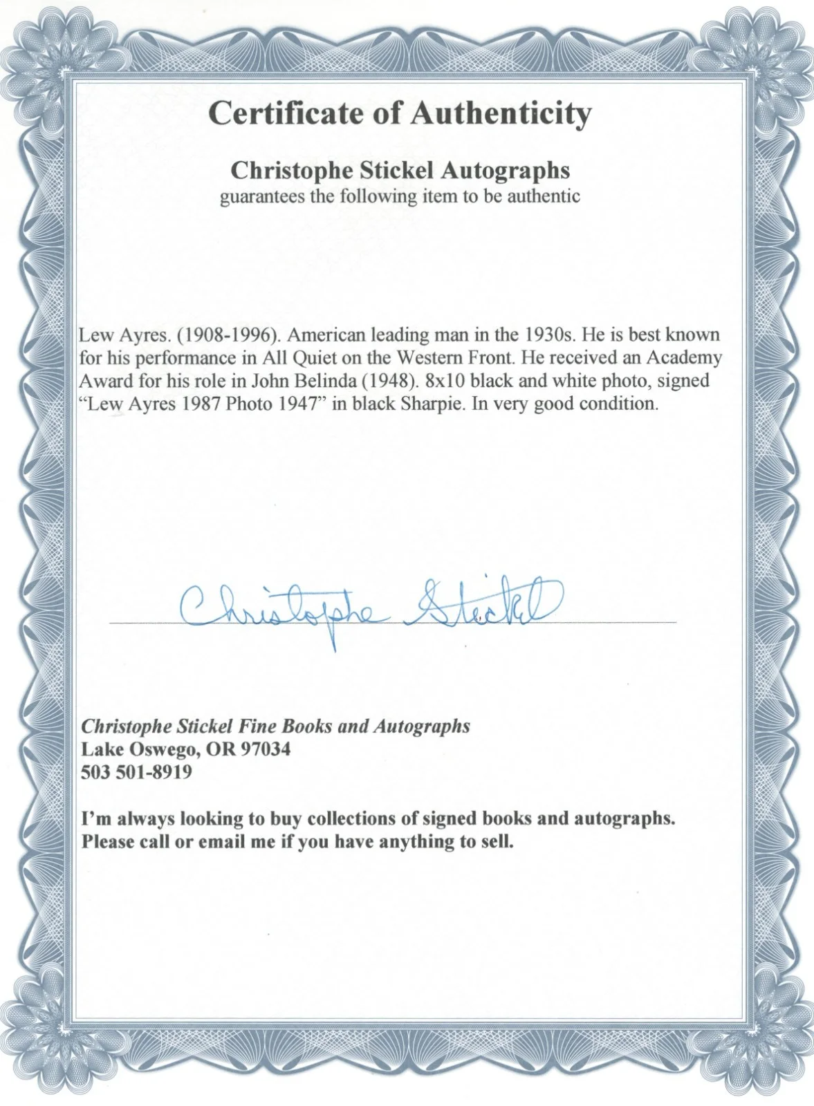 Lew Ayres — Lew Ayres. All Quiet on Western Front. 8x10 signed photo. 1987. COA, изображение 2