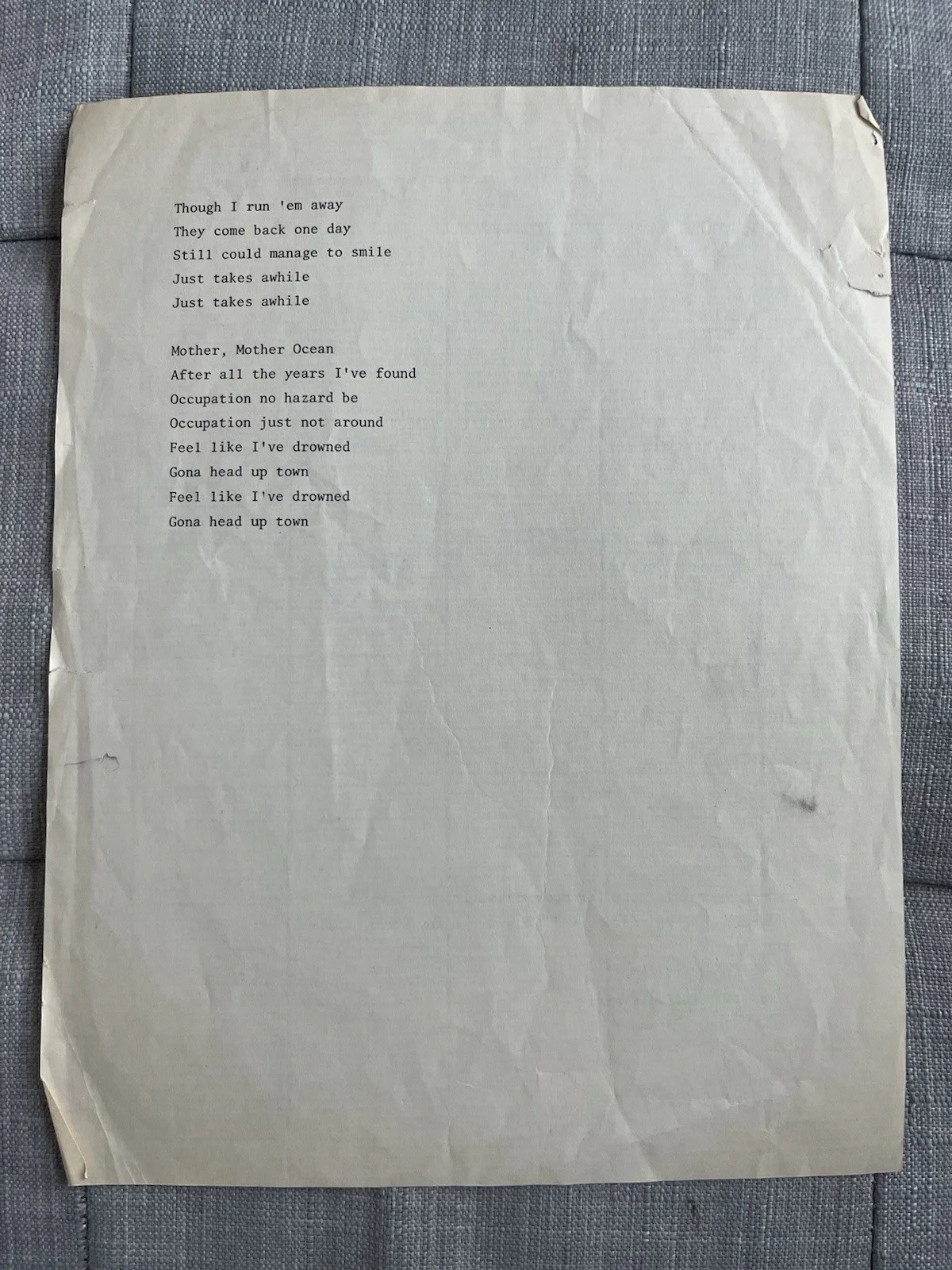 Lyrics typed by Harry Dean Stanton aged 40, 1976 with his stamp & annotations, image 3