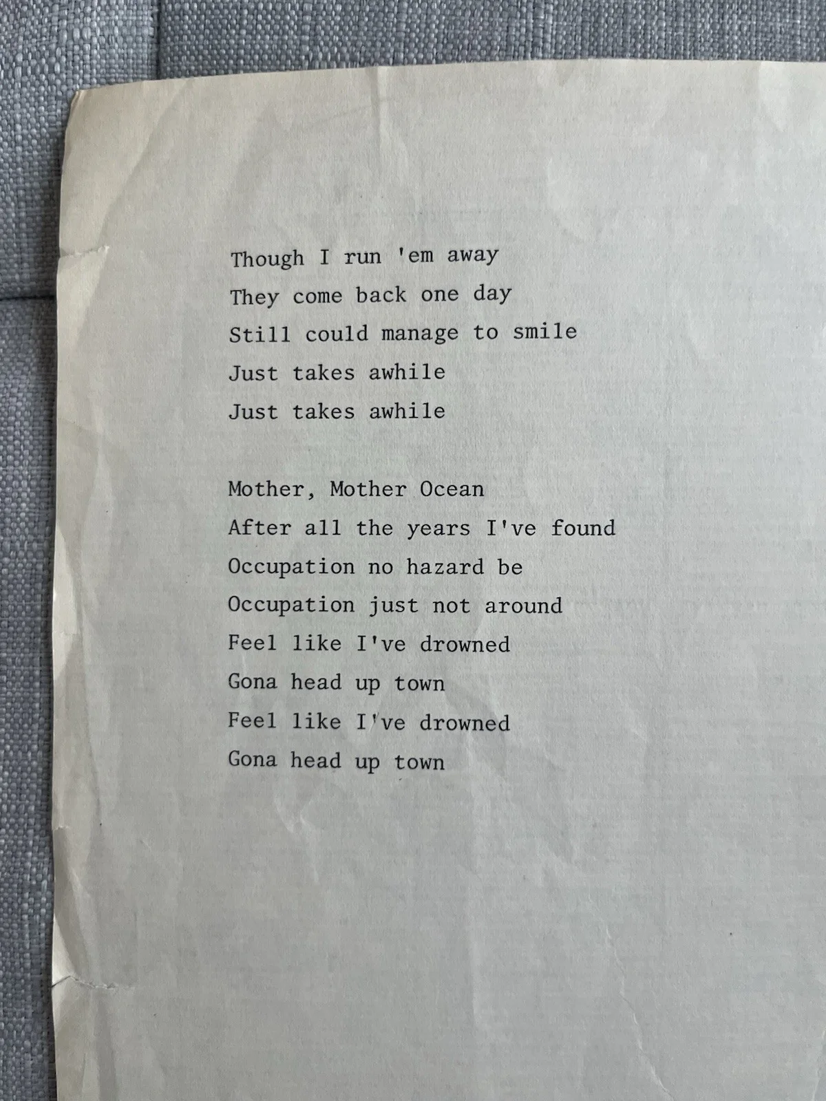 Lyrics typed by Harry Dean Stanton aged 40, 1976 with his stamp & annotations, image 4