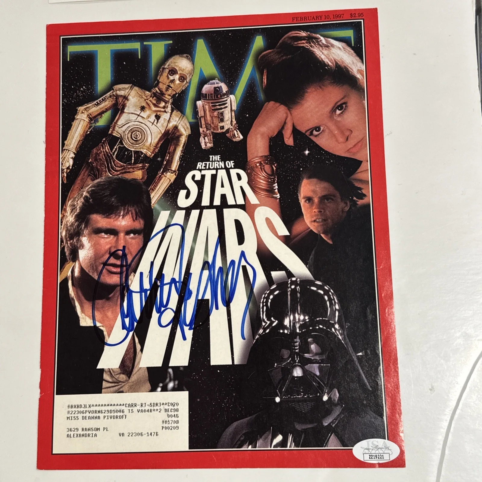 Carrie Fisher — Carrie Fisher Signed Autographed Times Magazine 1997 Cover Star Wars Leia JSA