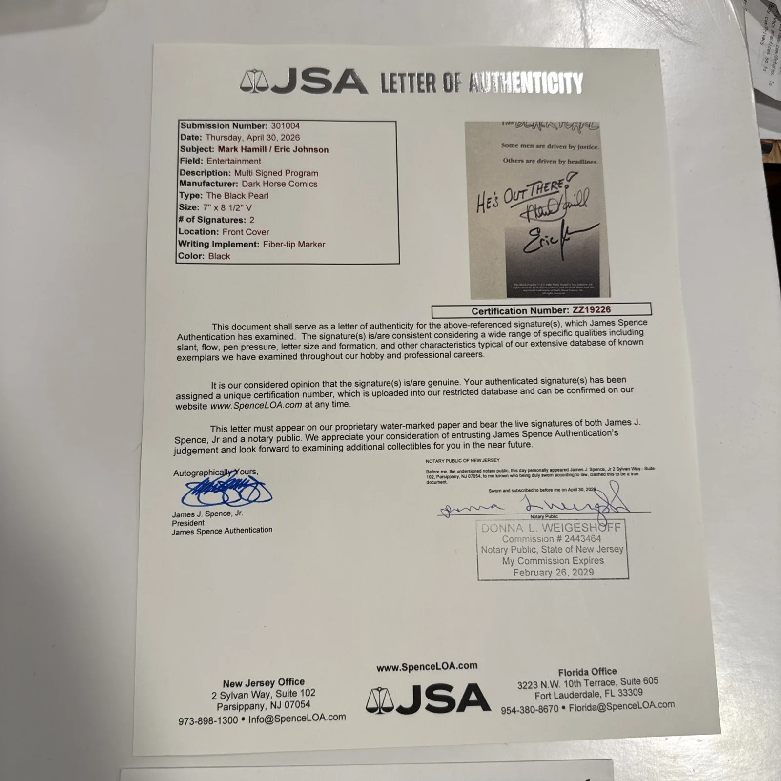 Mark Hamill, Eric Johnson — Mark Hamill Signed Black Pearl Comic Pamphlet JSA LOA Luke Skywalker Star Wars, image 4