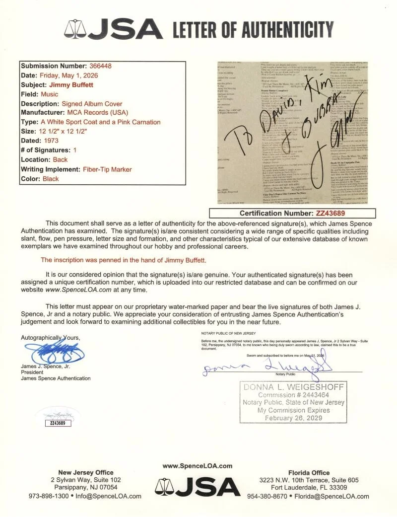 Jimmy Buffett — Jimmy Buffett Signed Autograph Album Vinyl Record - Parrothead Icon w/ JSA COA, изображение 3