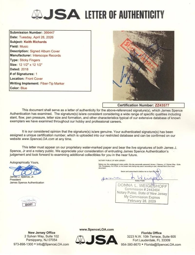 Keith Richards — Keith Richards Signed Autograph Rolling Stones Sticky Fingers Album Record JSA, изображение 4