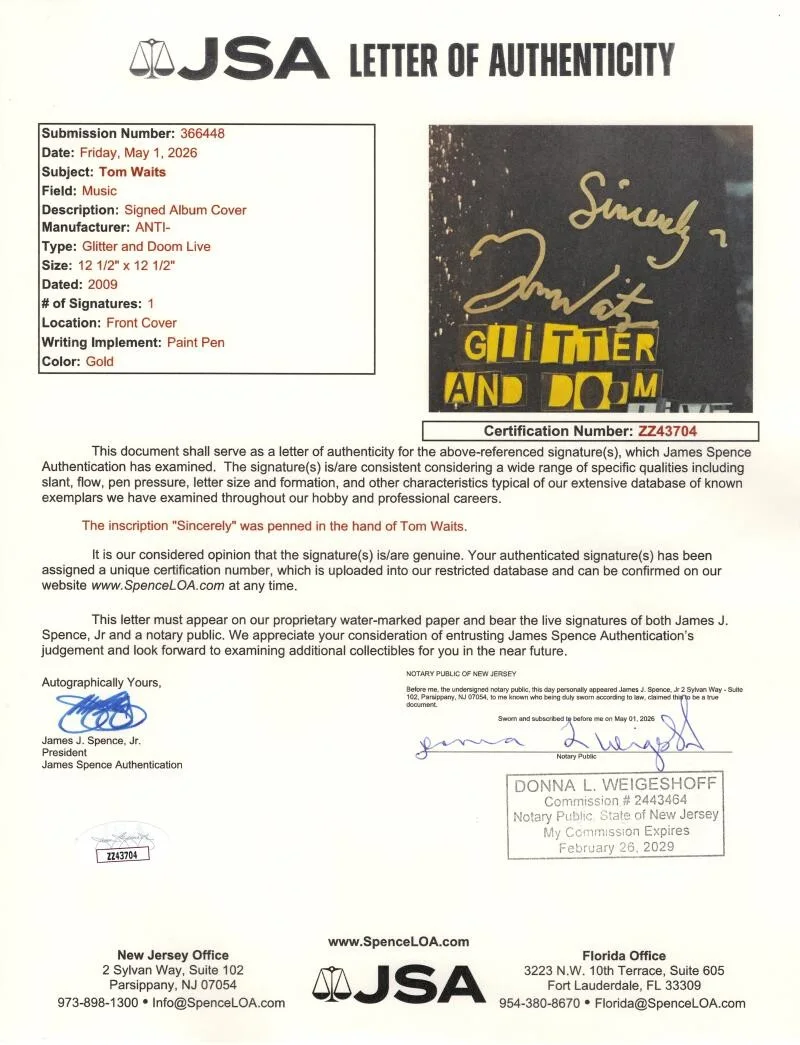Tom Waits — Tom Waits Signed Autograph Glitter and Doom Live Album Vinyl Record w/ JSA COA, изображение 3