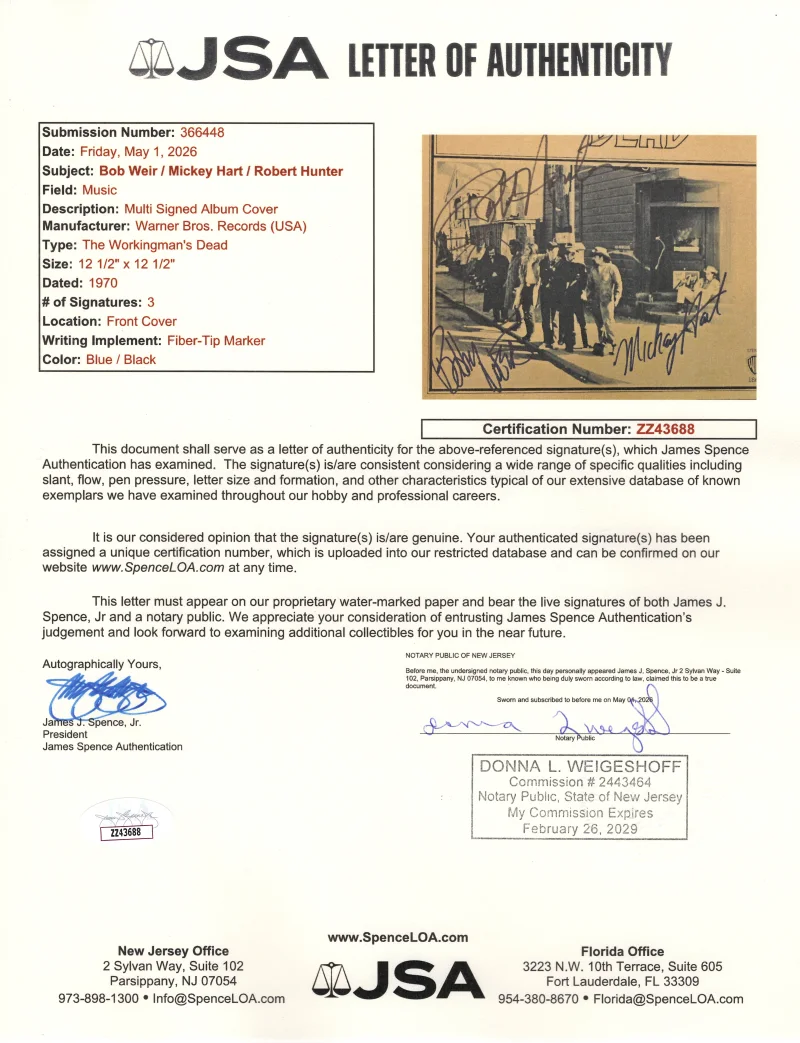 Mickey Hart, Robert Hunter, Bob Weir — Bob Weir Robert Hunter & Hart Signed Autograph Grateful Dead Album Record w/ JSA, image 3