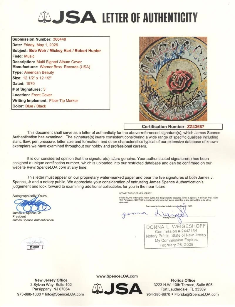 Mickey Hart, Robert Hunter, Bob Weir — Bob Weir Robert Hunter MHart Signed Autograph Grateful Dead Album Record JSA COA, image 3