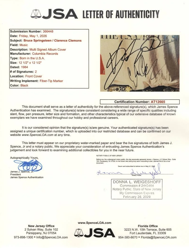 Clarence Clemons, Bruce Springsteen — Clarence Clemons & Bruce Springsteen Signed Autograph Born in the USA Album JSA, изображение 3