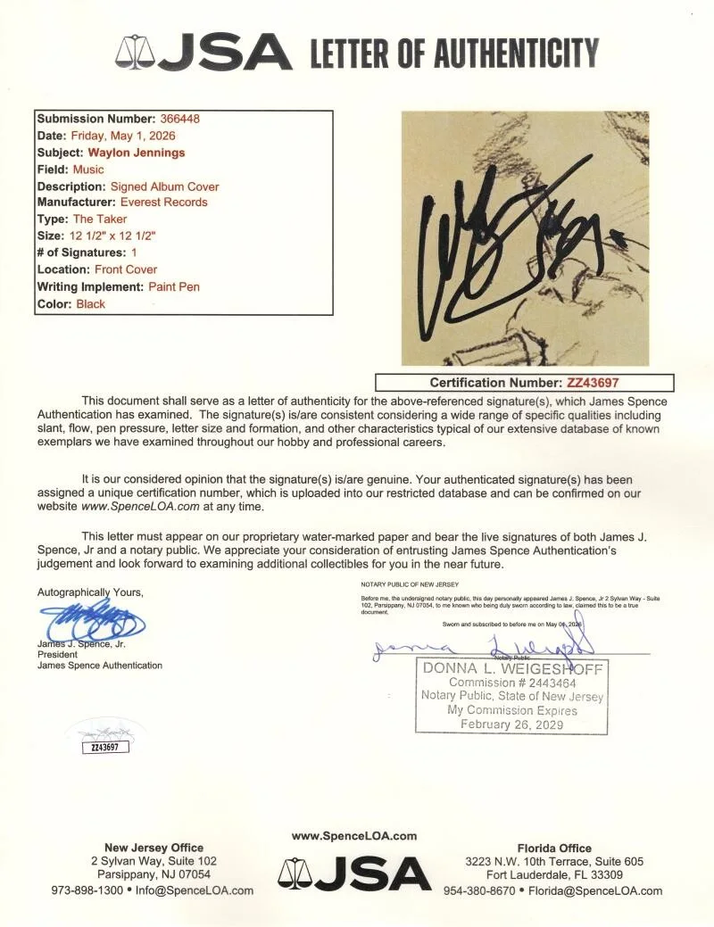 Waylon Jennings — Waylon Jennings Signed Autograph The Taker Album Vinyl Records LP w/ JSA COA, изображение 3
